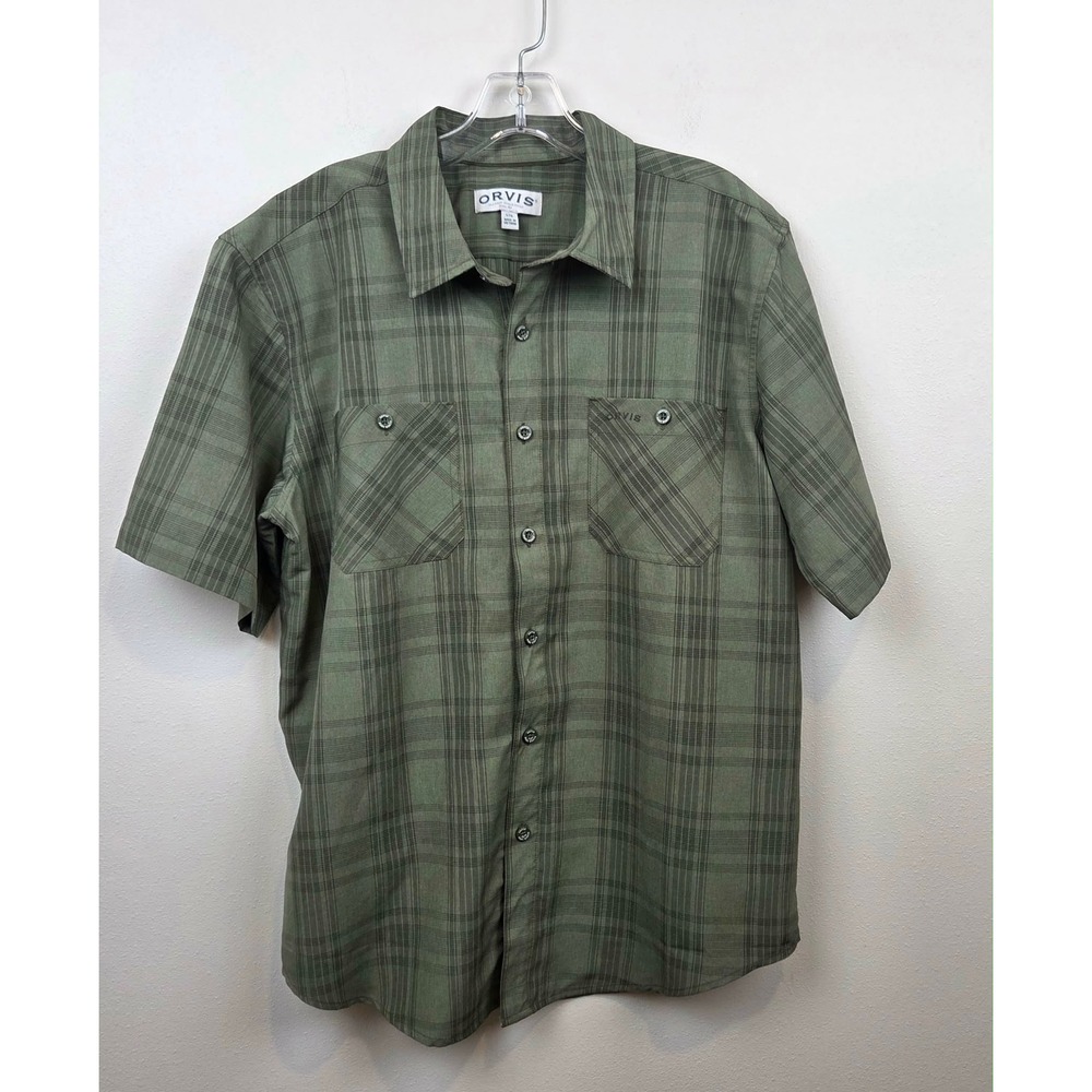 Orvis Mens Large Green Plaid Short Sleeve Button Down Shirt Polyester Outdoor